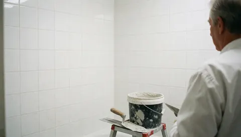 Bathroom installer using a trowel and cement bucket on a ladder while working on white tiled walls