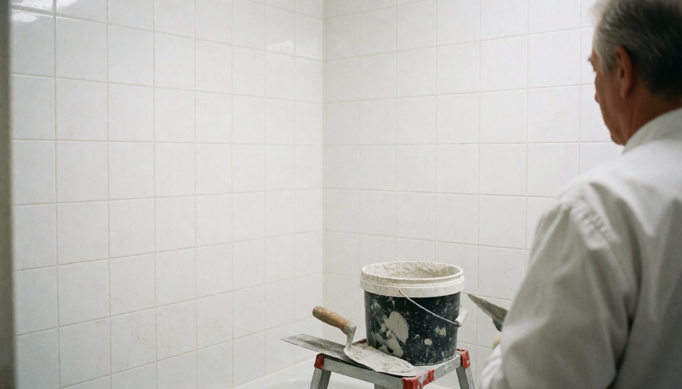 Bathroom installer using a trowel and cement bucket on a ladder while working on white tiled walls