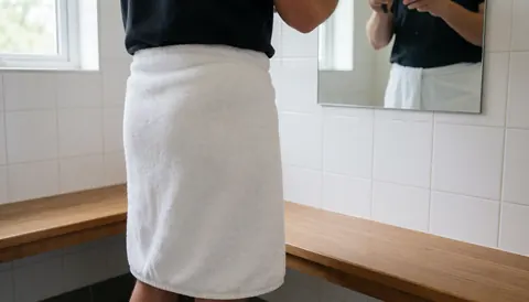 Man holding a white towel in front of a mirror in a clean locker room with white walls and a wooden bench.