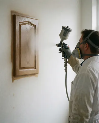 Technician in protective gear applying spray paint to a wooden cabinet door for furniture repair service