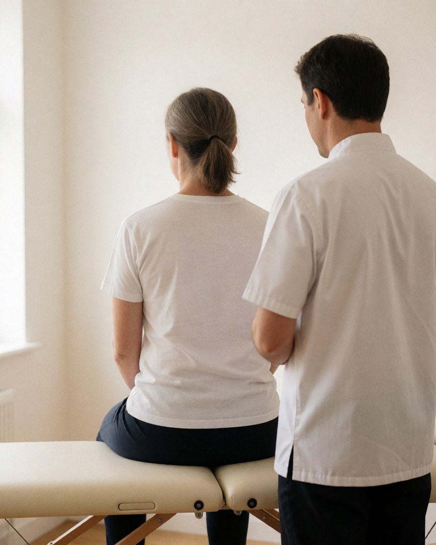 Physiotherapist assessing the posture of a seated client on a treatment table in a bright clinic