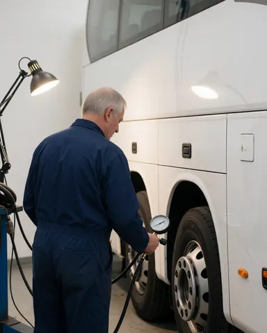 Mechanic in blue uniform checks tire pressure on white bus in workshop with work light
