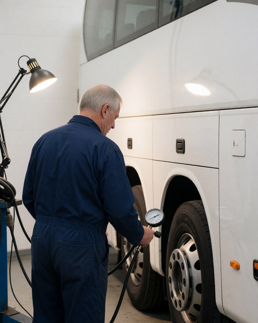 Mechanic in blue uniform checks tire pressure on white bus in workshop with work light