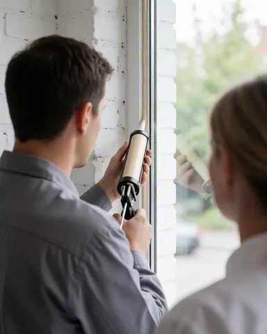 A technician uses a caulking gun to apply sealant to a window frame while a client observes the repair work in progress.