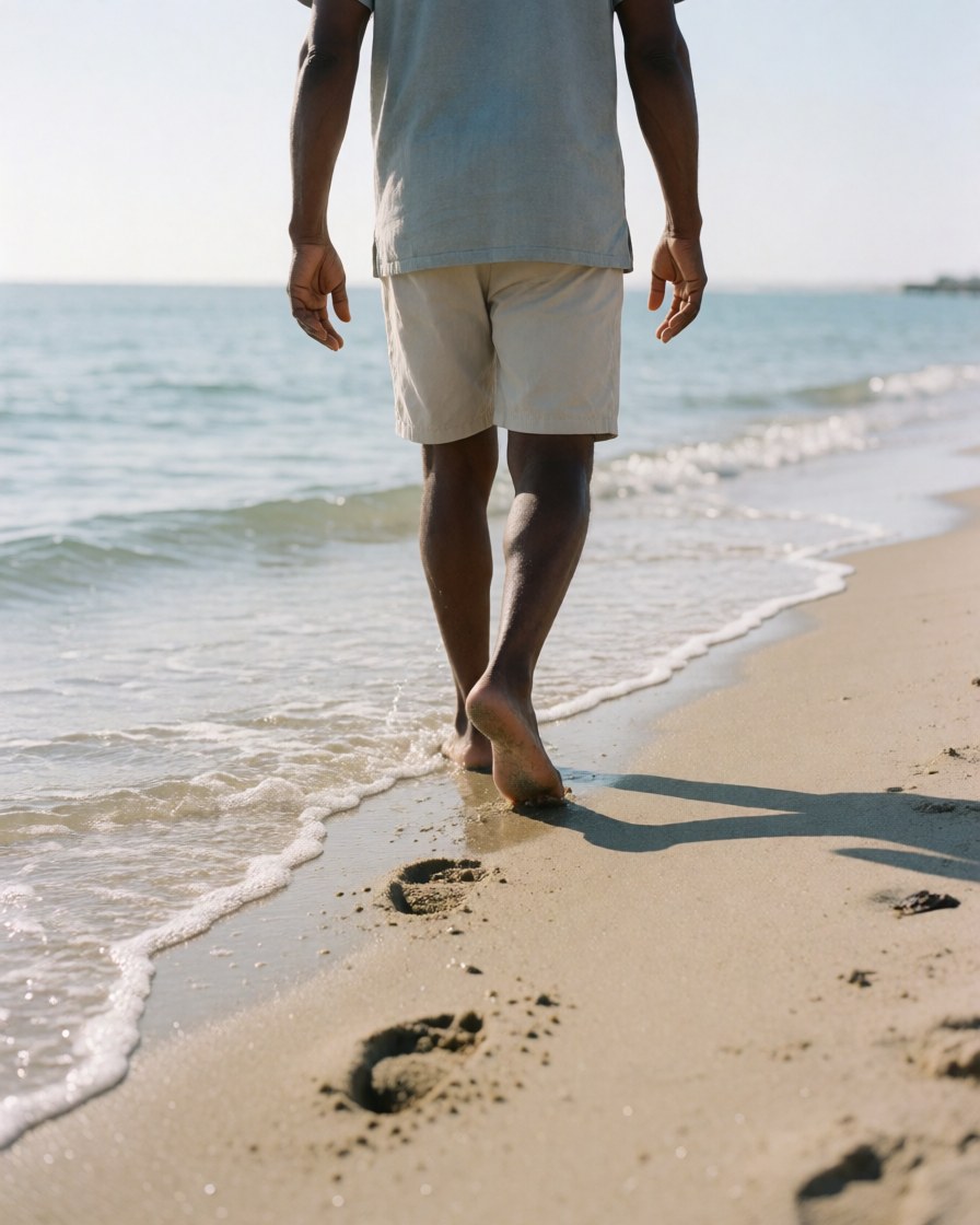A person walks barefoot along the shoreline, leaving footprints in the wet sand under a clear sky.