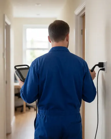 Antenna technician in blue uniform using a diagnostic tool on a wall outlet in a hallway with natural light