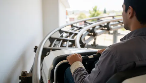 Back view of a person on a roller coaster with hands on the safety bar against a white wall, suitable for theme park marketing.
