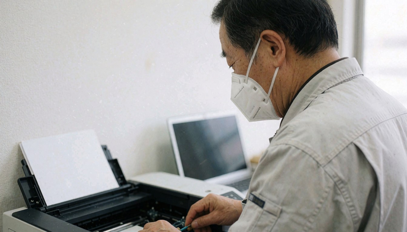 A technician wearing an N95 mask repairs a printer in a clean workshop with a laptop nearby.