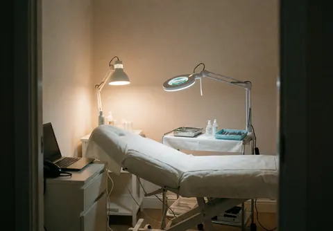 Magnifying lamp and hydraulic treatment bed in a clean, professional acne clinic with beige walls.
