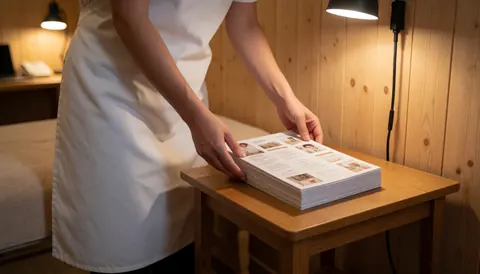 Professional placing brochures on wooden table in massage room with wooden walls and warm lighting