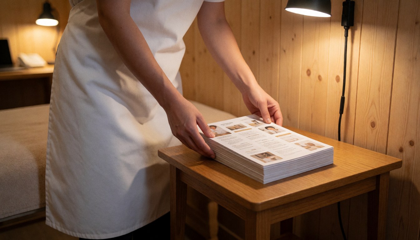 Professional placing brochures on wooden table in massage room with wooden walls and warm lighting