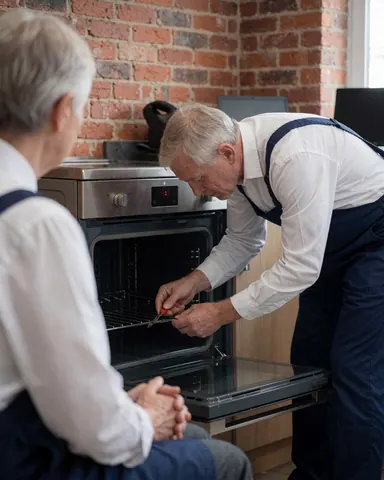Technician in apron repairing oven while client observes in workshop with brick wall and tools