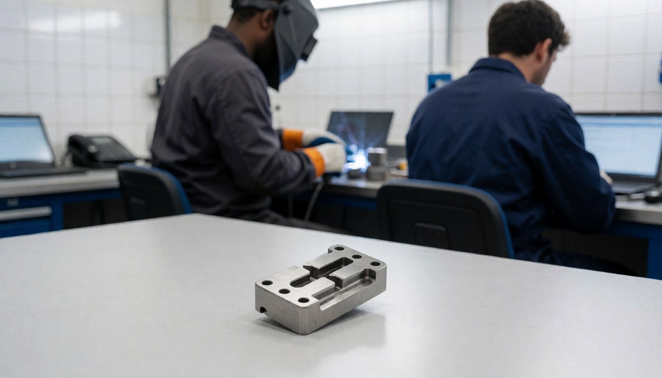 Close-up of a polished metal part with slots, with a welder working in the background at an industrial workshop with white tiled walls.