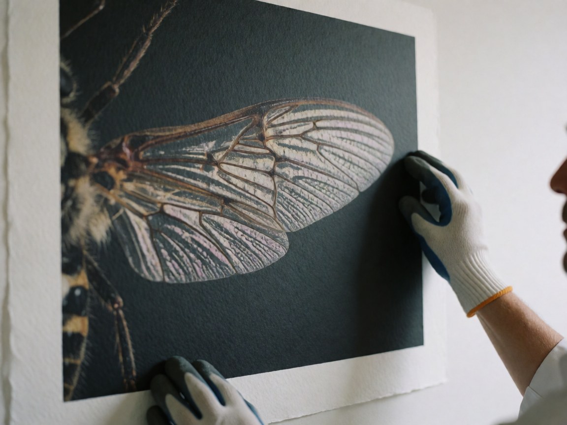Close-up of a gloved hand touching the edge of a macro insect wing print on textured paper against a white wall