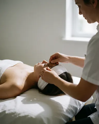 Therapist uses wooden gua sha tool on client's head in a bright spa setting with natural light.