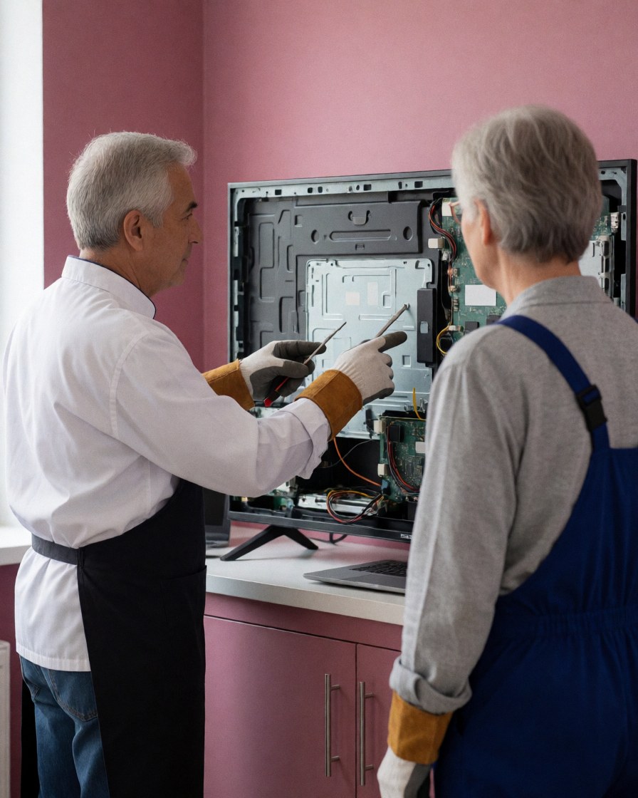 Tv repair technician displaying internal tv components to a client in a professional service setting with pink walls visible in the background