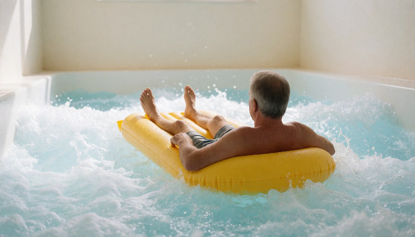 A senior man enjoys a wave pool featuring white waves, an inflatable yellow float, white walls, and blue water.