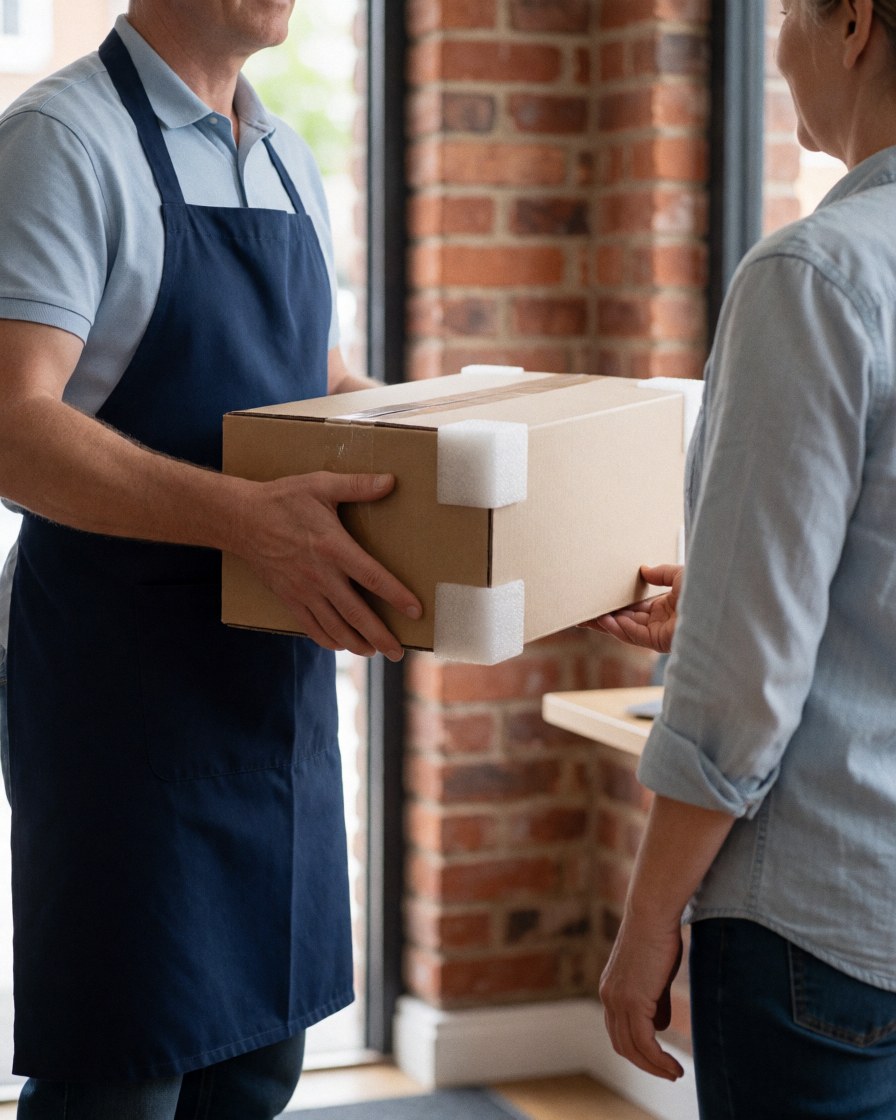 Technician in apron hands a box containing a repaired TV to a satisfied customer in a shop with a brick wall and natural light.
