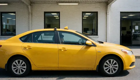 A yellow taxi parked on the street in front of a building with windows, suitable for a taxi service website hero section.