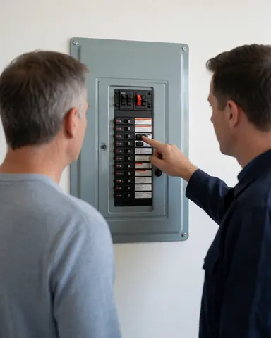 Electrician pointing to a circuit breaker in a residential panel during a service call