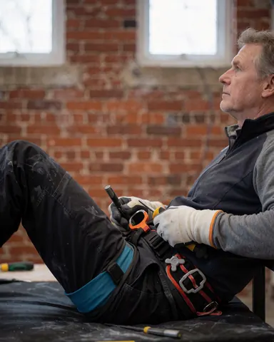 Adult male rock climbing coach wearing harness and gloves resting on crash pad while looking up at brick wall