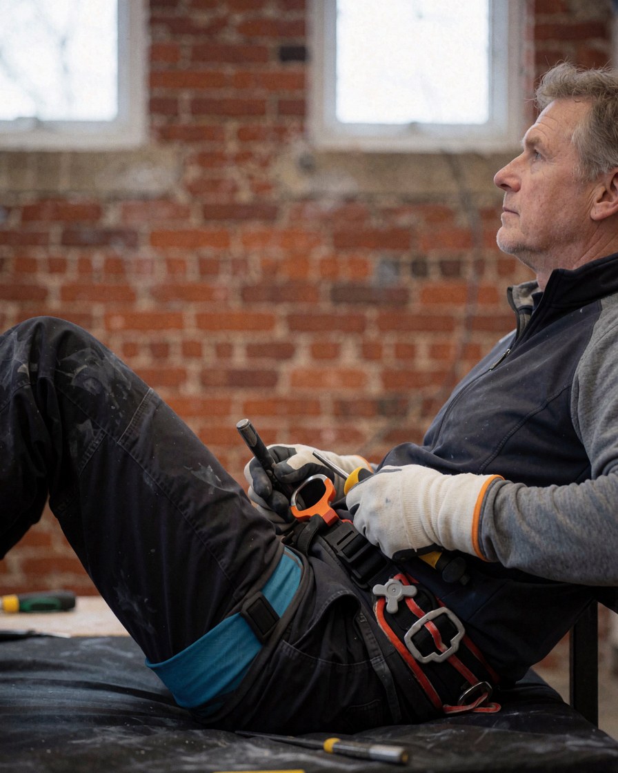 Adult male rock climbing coach wearing harness and gloves resting on crash pad while looking up at brick wall