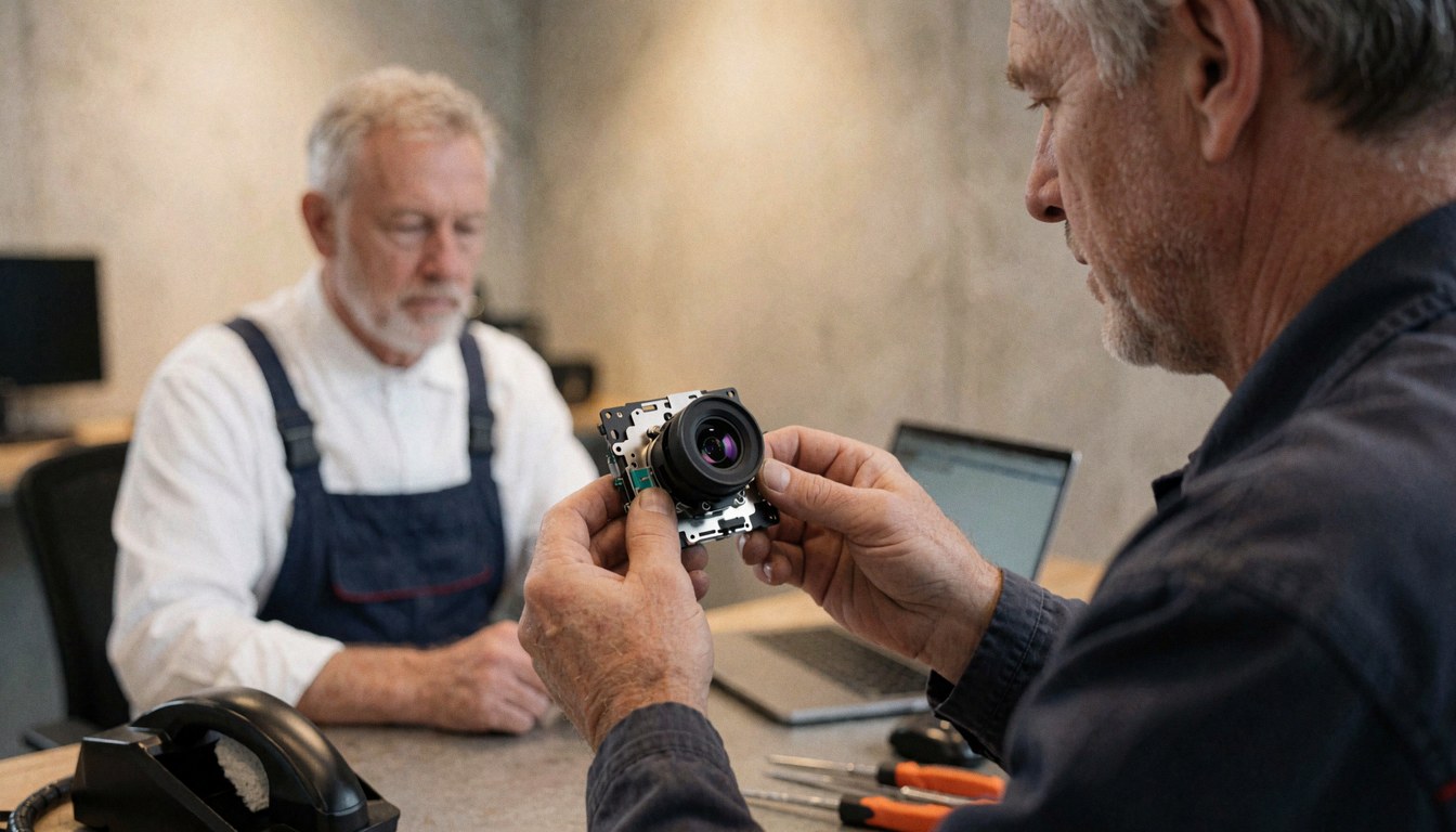 Technician holding camera module with lens while customer watches in background at workshop with tools and laptop