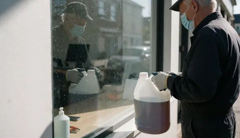 A worker wearing a mask and gloves cleans a dirty window with a large solution container under intense sunlight.