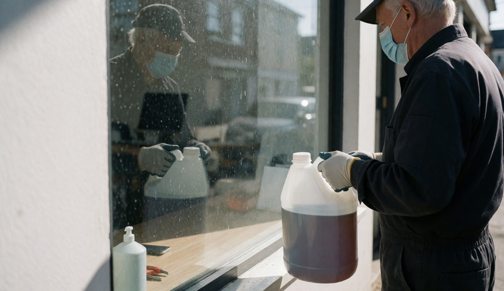 A worker wearing a mask and gloves cleans a dirty window with a large solution container under intense sunlight.