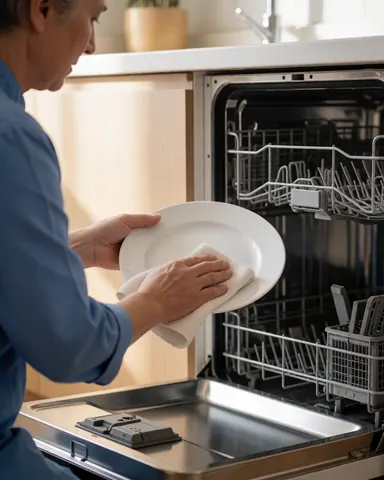 A woman in a blue uniform dries a white plate with a white towel in front of an open dishwasher in a modern kitchen.