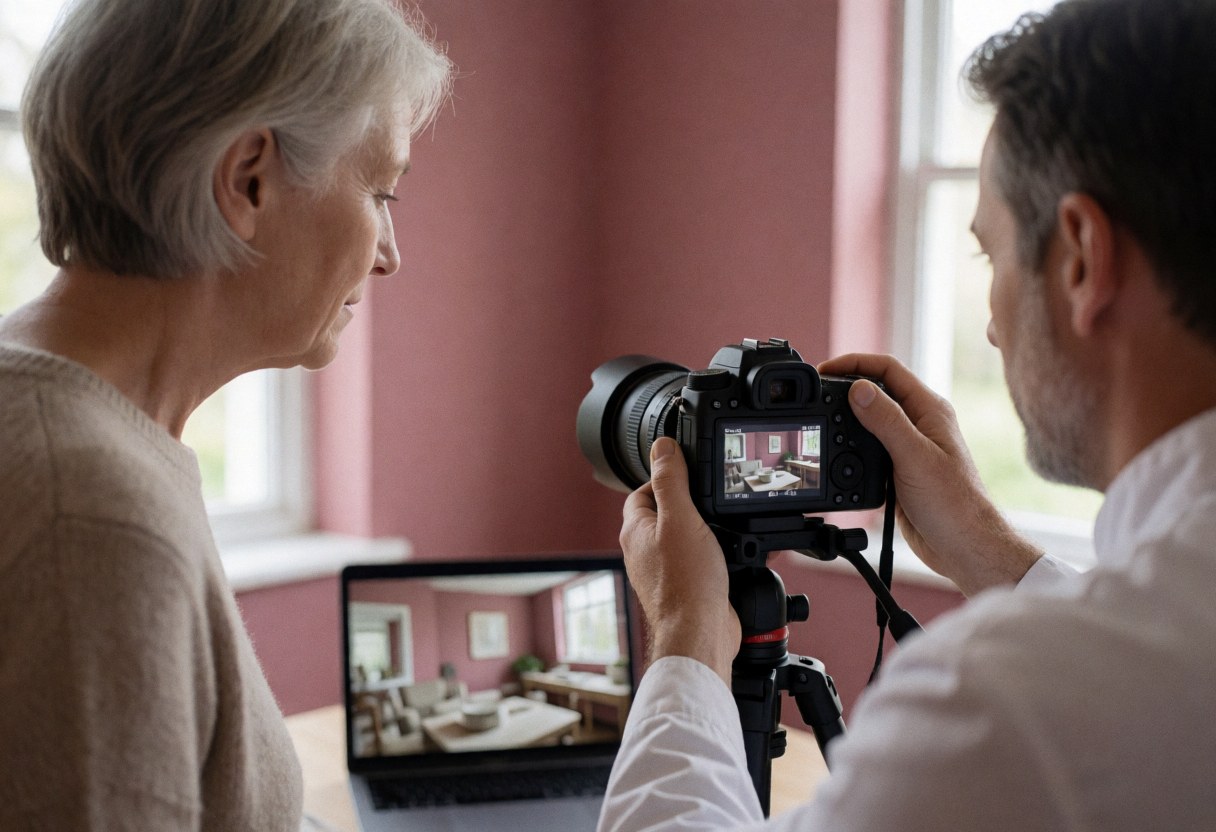 Macro photographer adjusting lens while client reviews image on camera screen with pink walls and natural light
