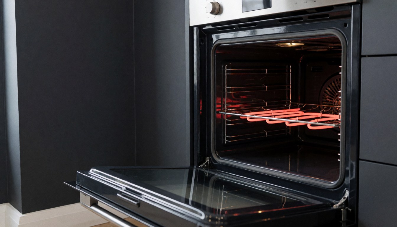 Open electric oven showing the glowing heating element inside, featuring carbon gray walls and bright lighting, suitable for appliance repair contexts