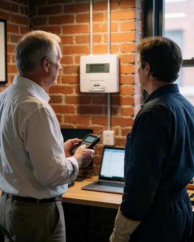 Security technician testing alarm system with client near wall-mounted panel