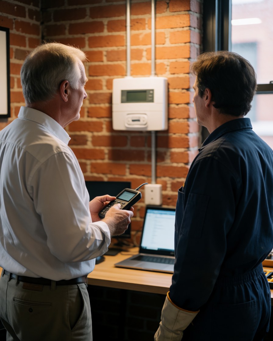 Security technician testing alarm system with client near wall-mounted panel