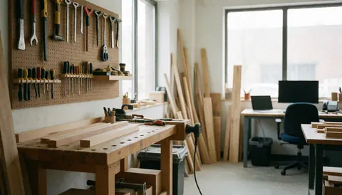 Woodworking shop interior featuring a wooden board, stacked planks, and various carpentry tools hanging on the wall, suitable for staircase repair projects.