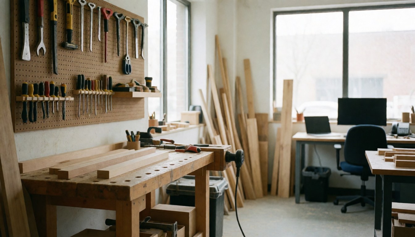 Woodworking shop interior featuring a wooden board, stacked planks, and various carpentry tools hanging on the wall, suitable for staircase repair projects.