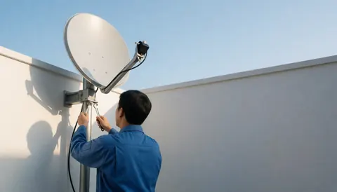 Technician in blue uniform adjusting satellite antenna mount on white wall in morning light during professional installation service