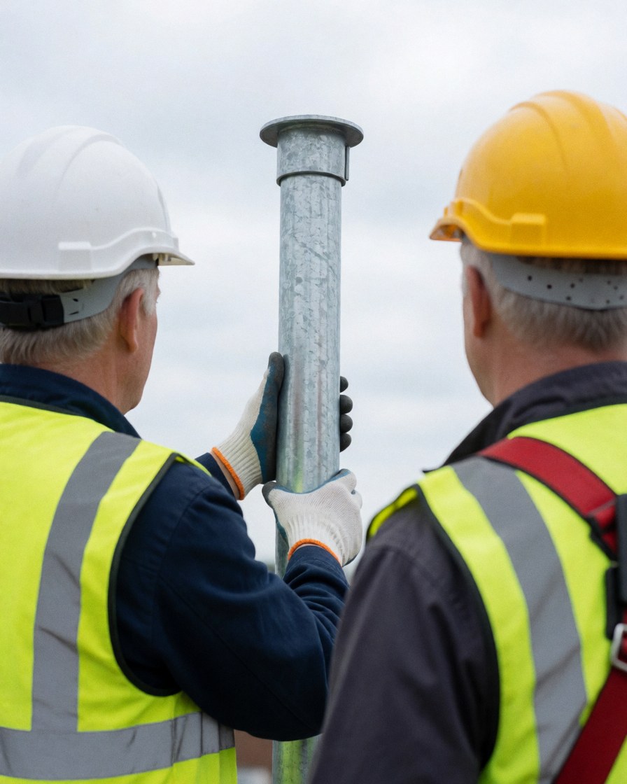 Two technicians wearing helmets and reflective vests assemble a galvanized steel antenna mast on a rooftop under a cloudy sky.