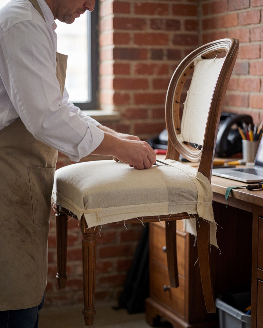 Upholsterer cutting fabric on a wooden chair with tools and computer on a table nearby