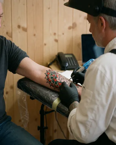 Tattoo artist wearing gloves applies ink to a client's arm in a studio with a wooden wall background