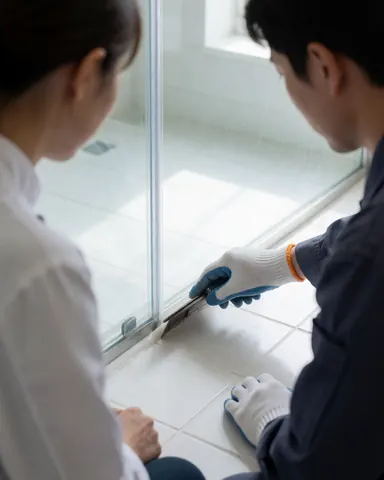 A glass installer applies silicone sealant to a shower frame while a client observes in a modern bathroom with white ceramic flooring.