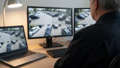 A parking lot supervisor sits at a desk with a keyboard, watching multiple monitors displaying security camera feeds in a professional office environment.