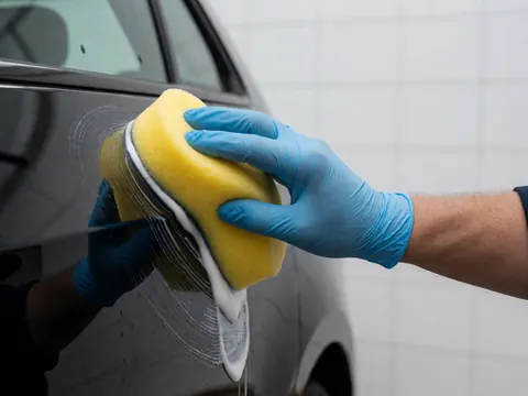 Gloved hand using yellow sponge to apply white wax on black car door against white tiled wall background