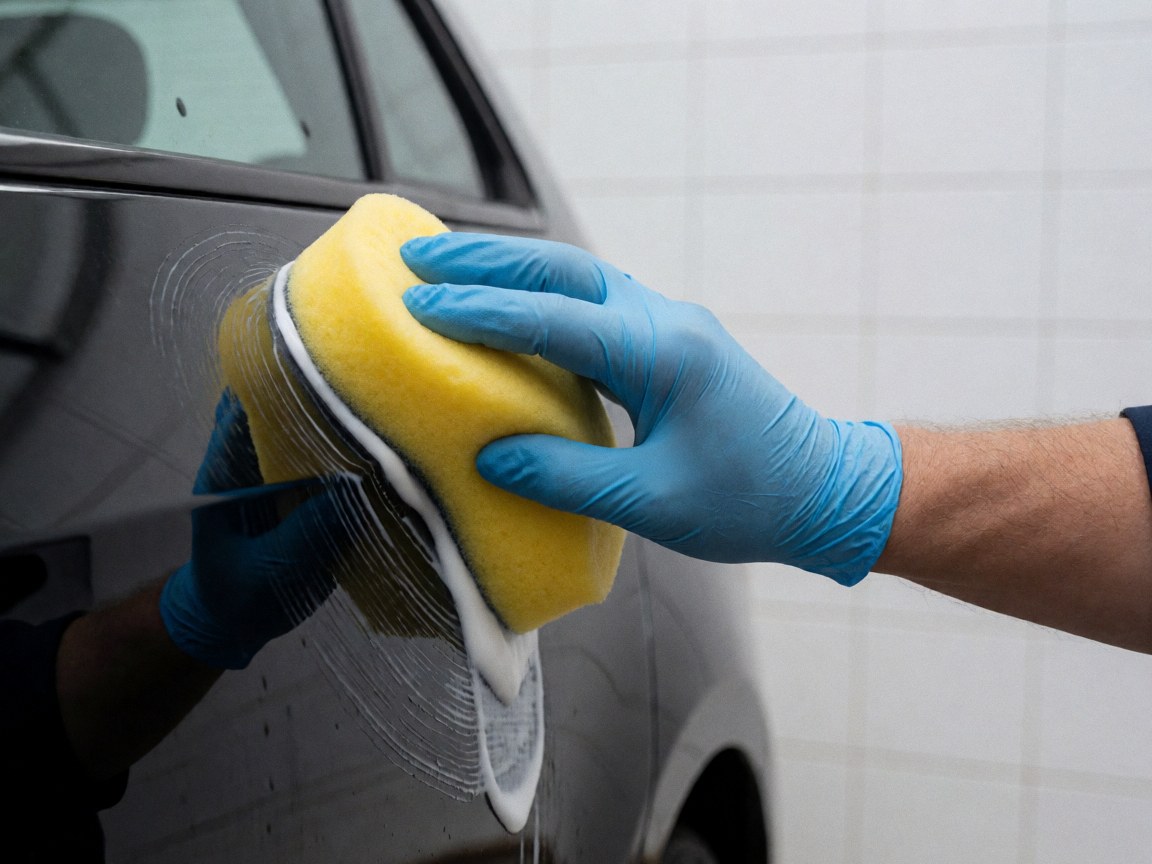 Gloved hand using yellow sponge to apply white wax on black car door against white tiled wall background
