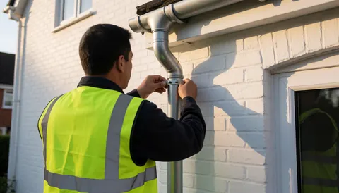 Worker installing a metal drainage pipe on a white brick wall under sunset light