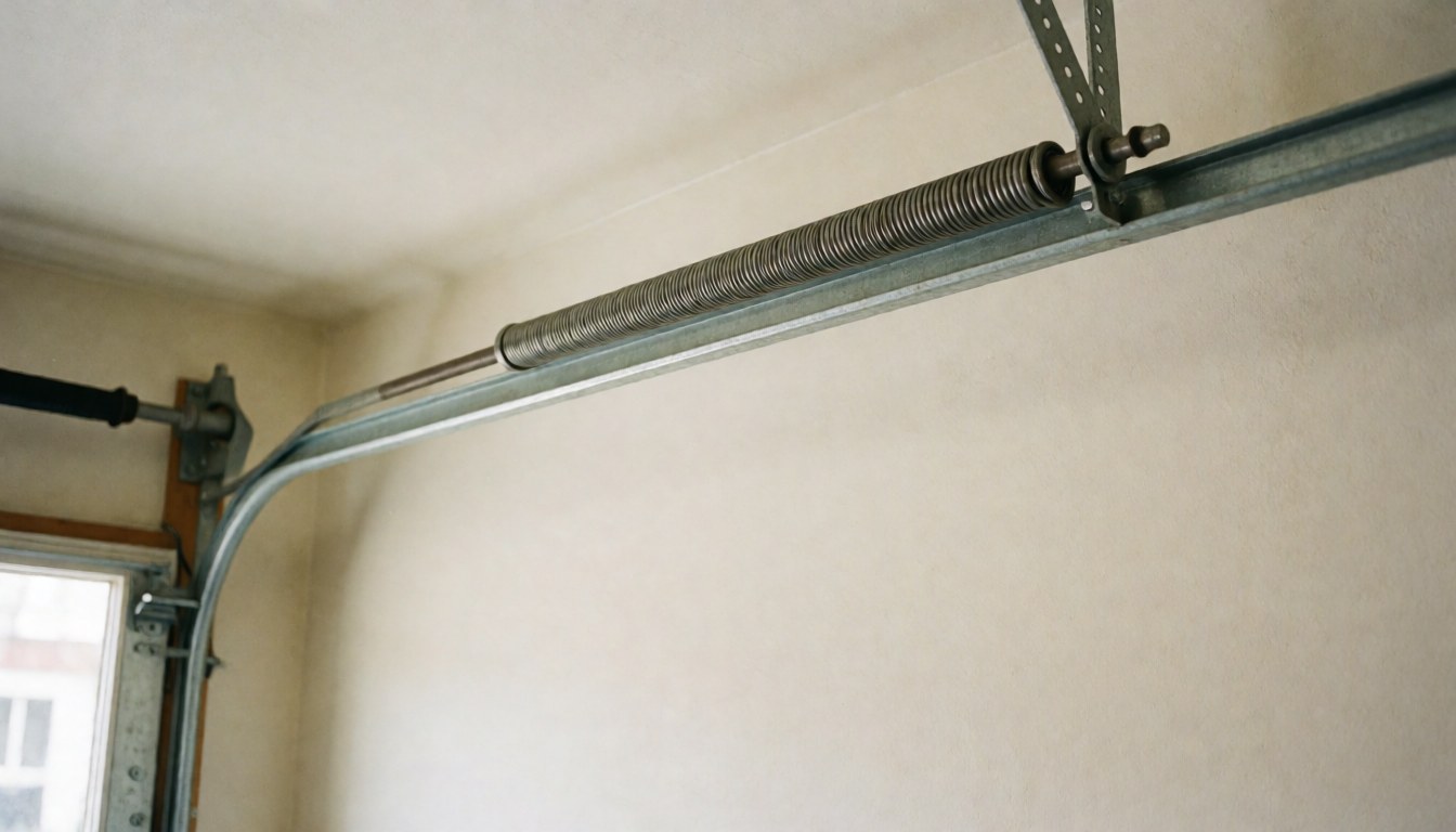 Metal torsion spring attached to the mechanism of a garage door against a cream-colored wall, suitable for installer websites.