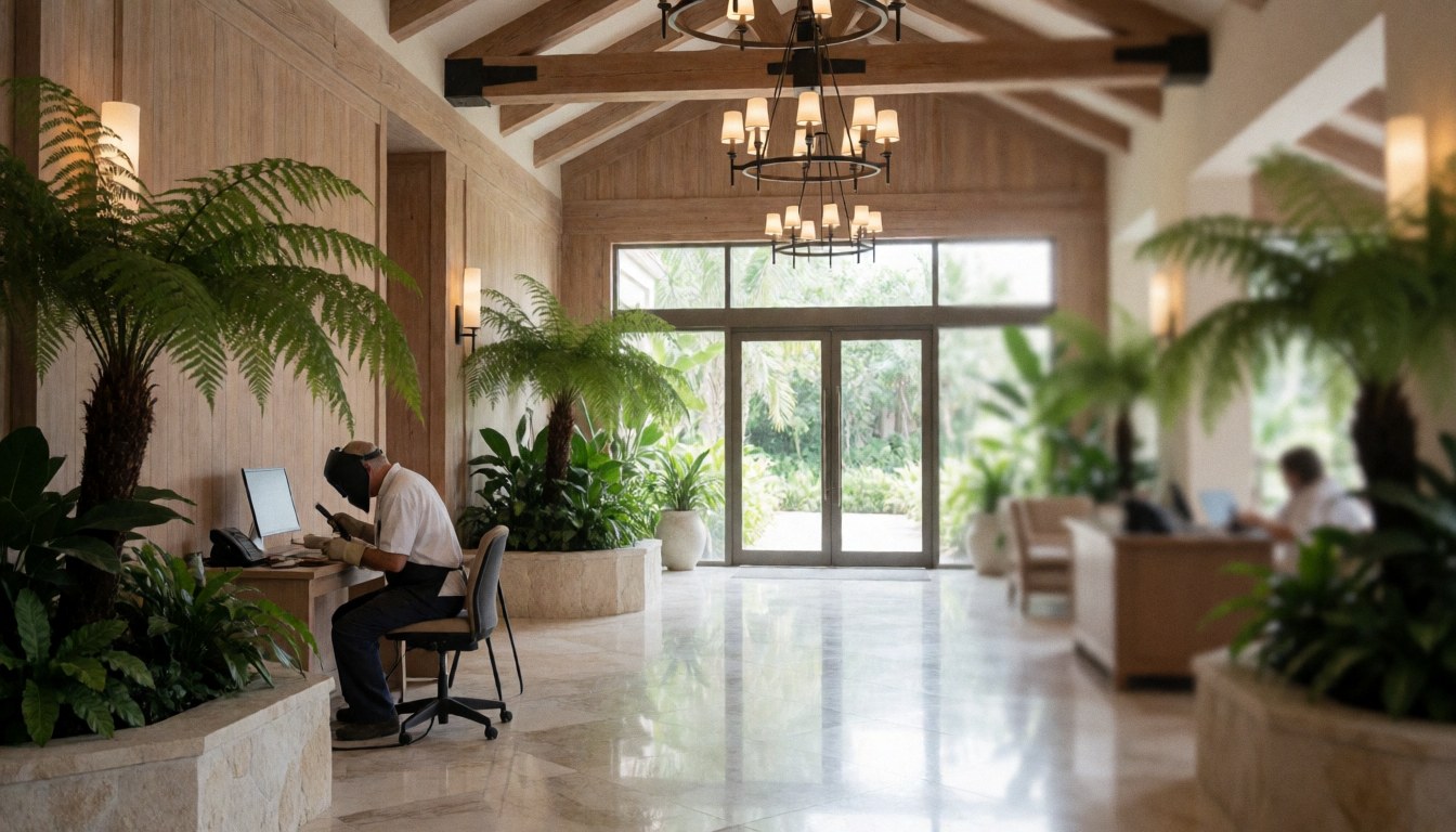 Modern resort lobby featuring tropical plants, wooden beam ceilings, and marble surfaces creating a cozy atmosphere