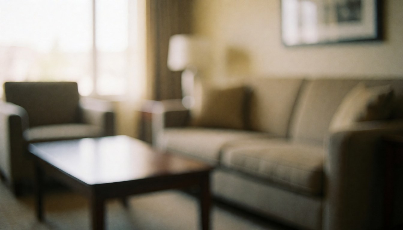 Apartment hotel living room background featuring a sofa and coffee table with natural light and neutral walls, ideal for advertising text overlay.