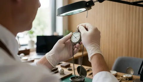 A watchmaker examines an antique pocket watch using a magnifying lamp in a workshop with light wood walls.