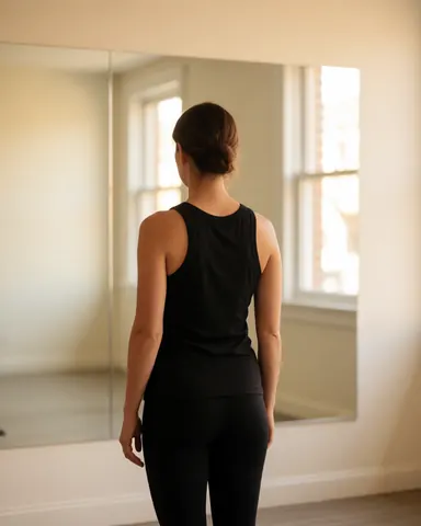 Female dance instructor in black athletic wear stands with back to camera facing a large mirror in a bright studio with white walls and windows.